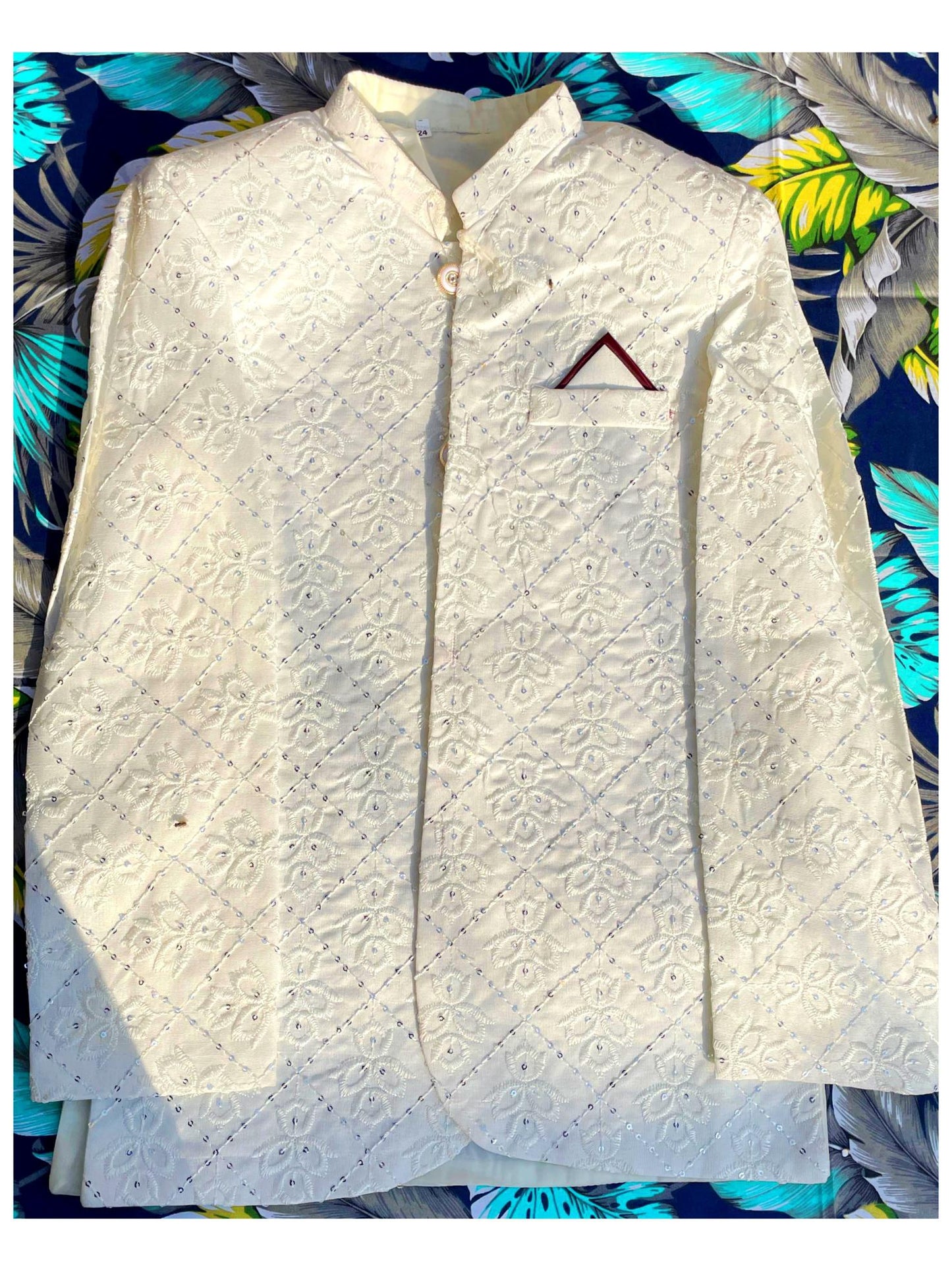 Elegant White Embroidered Prince Coat for Kids & Teens – Traditional Wedding Wear with Intricate Button Detailing