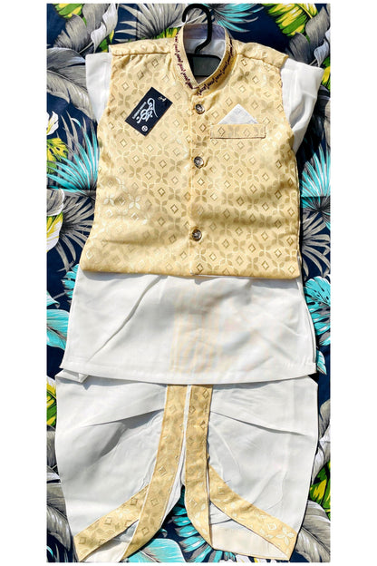 Cotton Kids & Teens Dhoti Kurta with Golden/White/Silver Gold Waistcoat | Traditional Pakistani Ethnic Wear